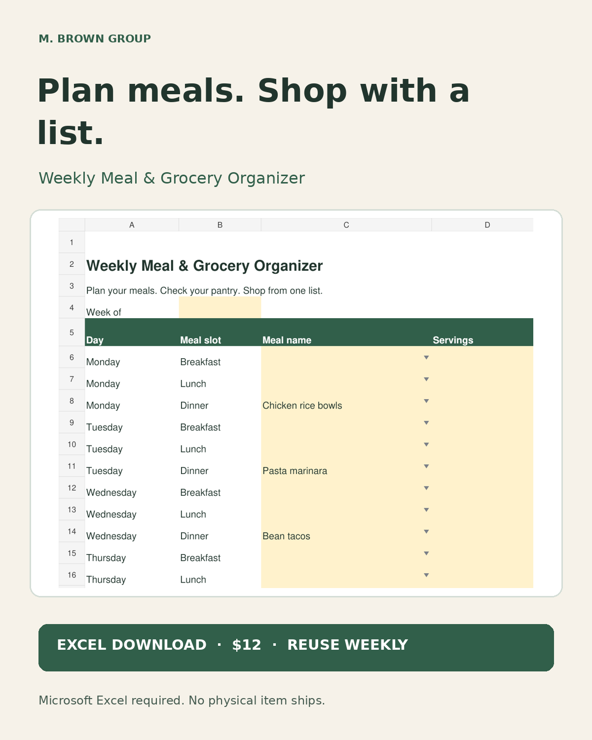 Weekly Meal & Grocery Planner for Excel