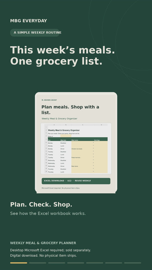 32-second captioned demonstration of meal planning, servings, and pantry subtraction in the MBG Everyday Excel planner.